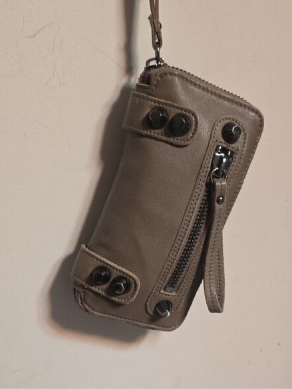 Linea Pelle Taupe Leather Wristlet Wallet with Gunmetal Accents